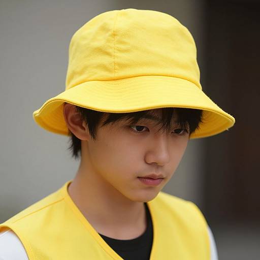 Photograph of an Asian teenage boy with fair skin, wearing a bright yellow bucket hat and matching vest, with black hair and a neutral expression, against