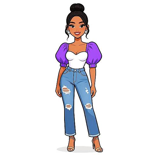 Digital illustration of a smiling Black woman with dark skin, black hair in a bun, wearing a white crop top, purple puffed sleeves, ripped blue