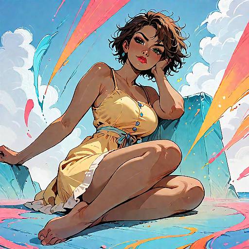 Confident Young Woman in Yellow Sundress Sitting Outdoors