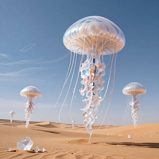 Photorealistic CGI of three translucent jellyfish with white, flowing tentacles floating above a sandy desert under a clear blue sky.