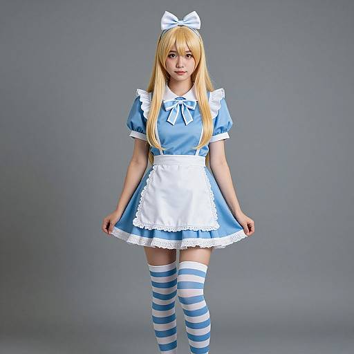 Photograph of a young woman with long blonde hair, blue eyes, wearing a blue Alice in Wonderland-style dress, white apron, striped thigh-high