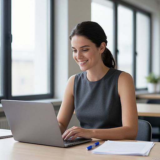Photograph of a smiling, dark-haired woman in a sleeveless black top, typing on a laptop in a bright, modern office.