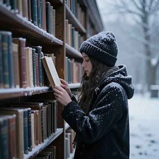 Photograph of a young woman in a black knit hat and coat, snowflakes on her, reading a book in a snowy library.