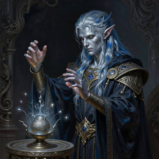 Digital fantasy artwork of a blue-skinned, long-haired elven wizard casting a spell over a glowing, ornate silver orb. Dark, ornate