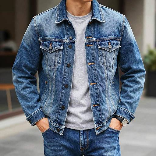 Photograph of a man wearing a blue denim jacket with buttons, white t-shirt, and blue jeans, hands in pockets, outdoors.