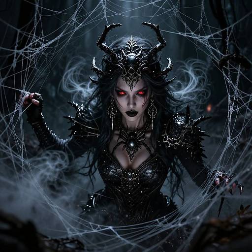 Digital art of a dark, demonic female figure with glowing red eyes, black armor, intricate horned headdress, and spider web background.