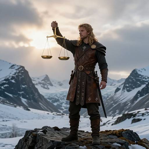 Photograph of a blond, long-haired man in medieval brown leather armor, holding a balanced scale, standing on a rocky snow-covered peak with mountainous