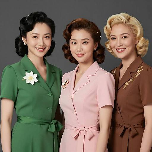 Three Women with Vintage Hairstyles and Dresses
