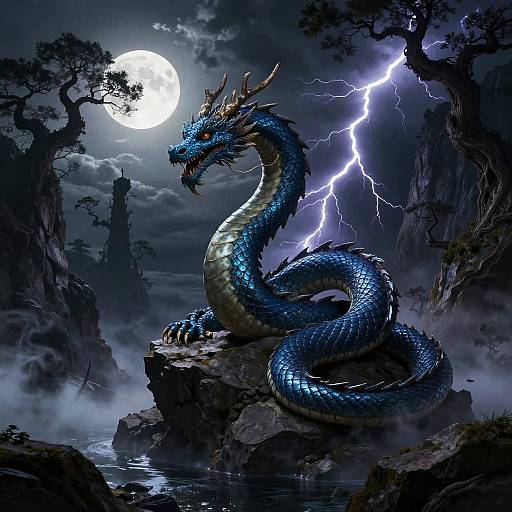 Digital fantasy artwork of a blue, lightning-emboldened dragon coiled on a rock under a full moon, surrounded by dark, misty mountains