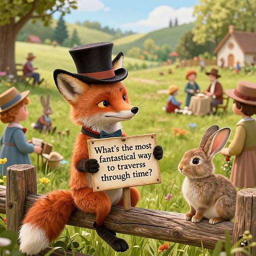 CGI image of a fox in a top hat holding a sign saying 