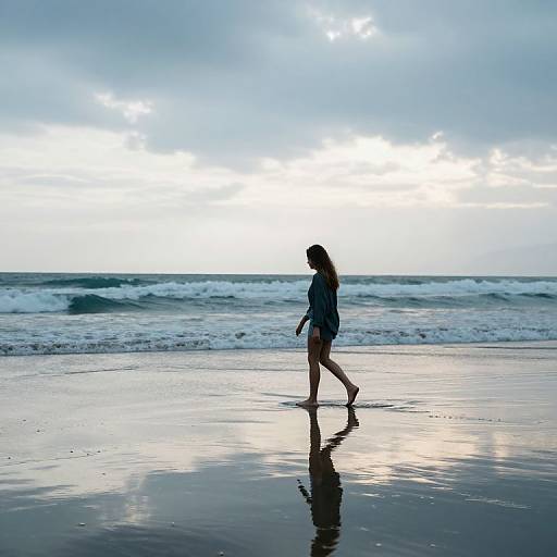 Silhouetted girl in denim dress walks on wet beach, reflecting stars in twilight sky, waves in background, photograph.