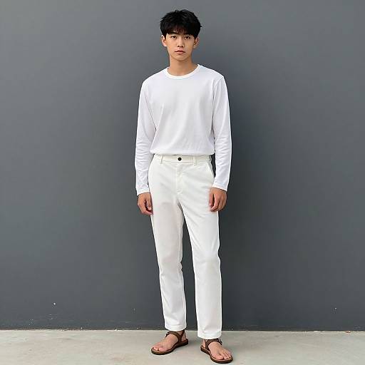 Photograph of a young Asian man with short black hair, wearing a white long-sleeve shirt, white pants, and brown sandals, standing against