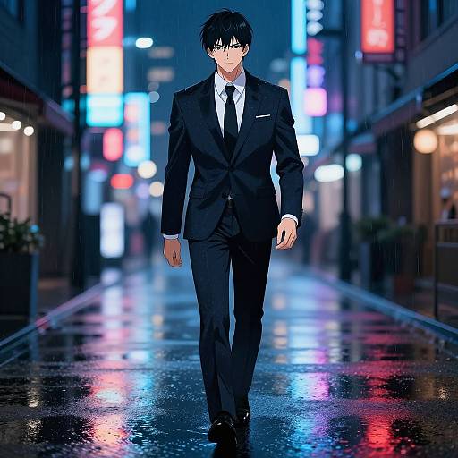 Handsome Anime Boy in Rainy Neon Street
