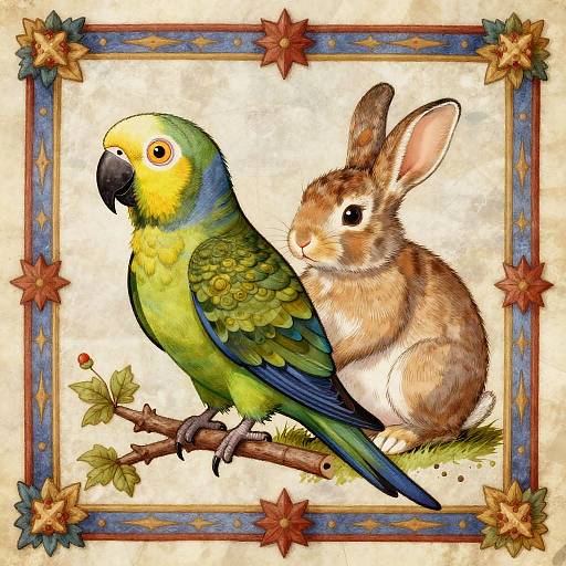 Whimsical Medieval Parrot-Rabbit Hybrid