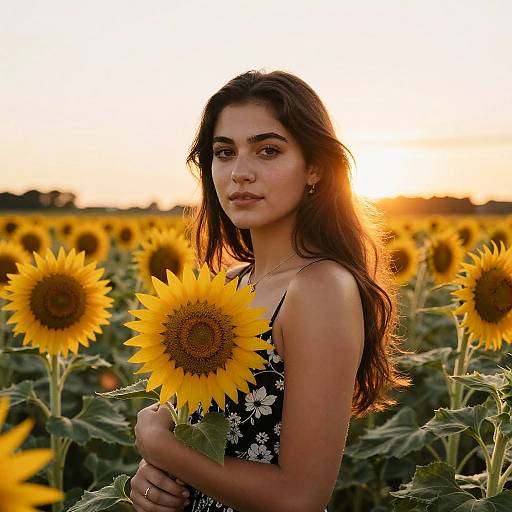 Young Woman in Sunflower Field at Sunset