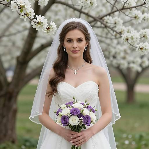 Bride in White Dress with Purple and White Bouquet