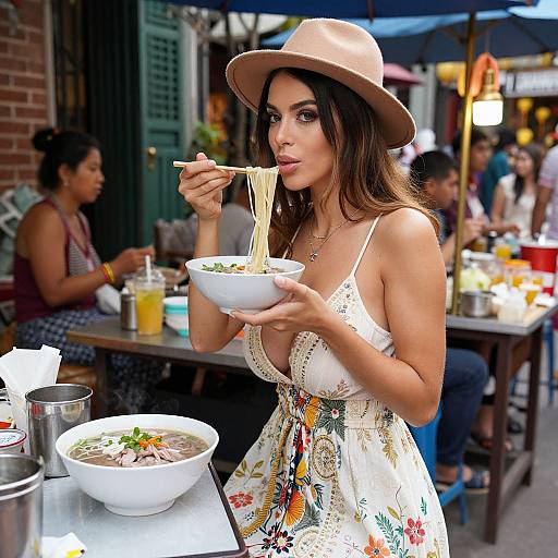 Photograph of a brunette woman with medium breasts, wearing a beige hat and floral dress, eating noodles at an outdoor café.