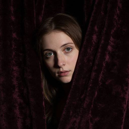 Photograph of a pale-skinned woman with blue eyes, dark brown hair, and pink lips, peeking through dark purple velvet curtains.