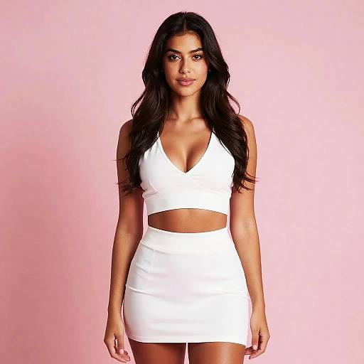 Photograph of a dark-haired woman with long wavy hair, wearing a white, V-neck crop top and matching high-waisted mini skirt,