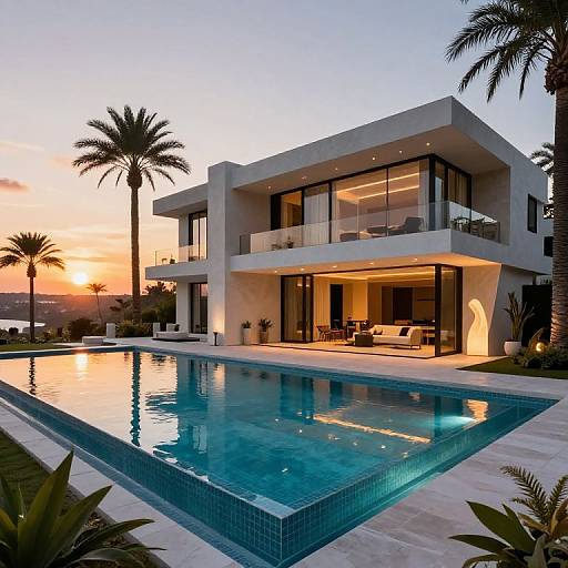 Photograph of modern, two-story house with large glass windows, illuminated interior, and reflecting pool at sunset, surrounded by palm trees.