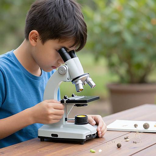 Child Exploring Backyard with Microscope