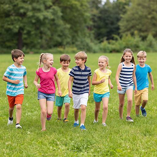 Photograph of seven children, diverse in gender and attire, running joyfully on a lush green grass field, with a forest backdrop. Bright, colorful