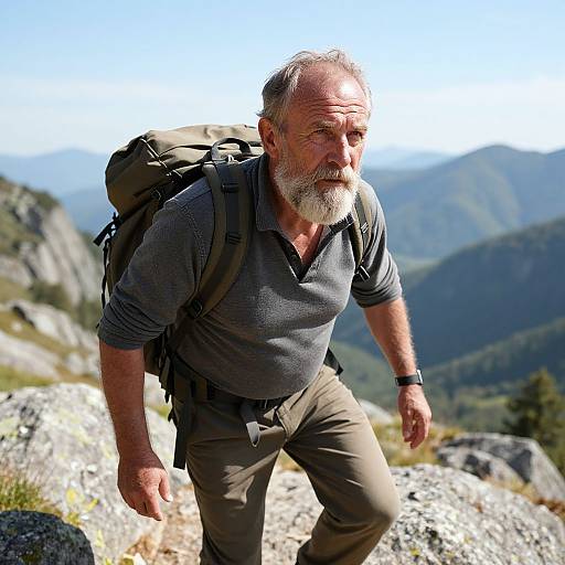 Photograph of an older, bearded man with gray hair, wearing a gray shirt, khaki pants, and backpack, hiking in a rocky mountain