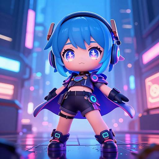 Chibi-style digital artwork of a blue-haired, big-eyed anime character with neon lights, wearing headphones, black shorts, and futuristic gear, standing confidently