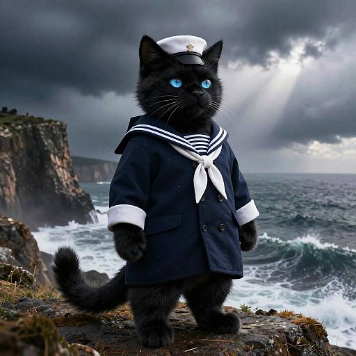 Confident Male Cat Captain on Coastal Cliffs