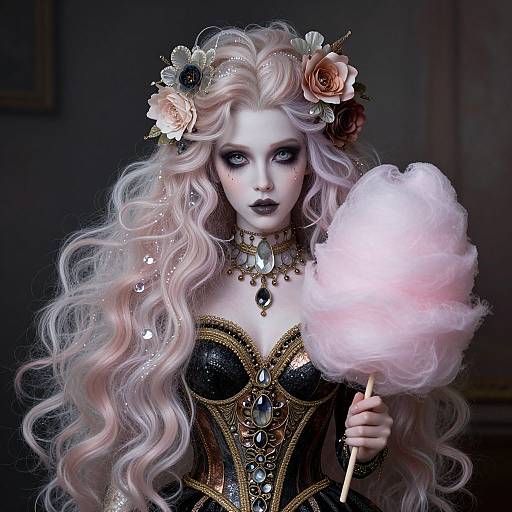 Photograph of a pale, Gothic-style woman with long, wavy pink and white hair, black dress, floral headpiece, dark makeup, holding