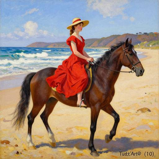 Photorealistic painting of a woman in a red dress and wide-brimmed hat riding a dark brown horse on a sunny beach.
