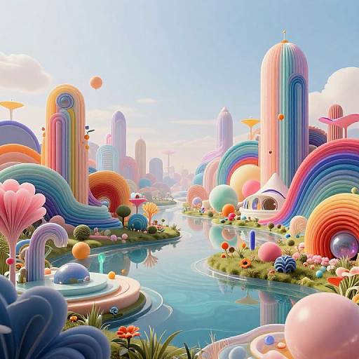 Vibrant, surreal CGI landscape with colorful, wavy skyscrapers, rainbow arches, floating orbs, and a reflective blue river, under