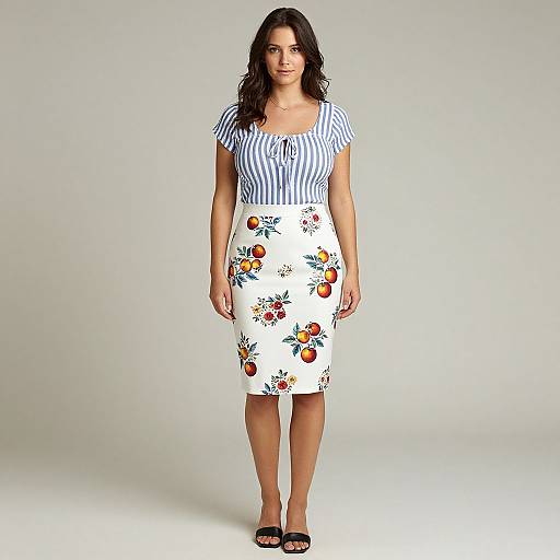 Photograph of a woman with dark hair, wearing a blue and white striped top, white floral-patterned pencil skirt, and black sandals, standing against