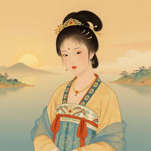 Digital illustration of a traditional Japanese woman with black hair in an updo, wearing a yellow and blue kimono with floral patterns, red ribbons,
