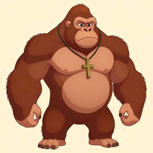 Cartoon-style drawing of a muscular, brown-furred gorilla with a large belly, wearing a gold cross necklace, standing against a plain white background