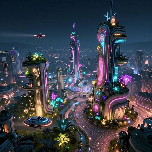 Neon-lit futuristic cityscape with glowing skyscrapers, winding roads, vibrant light trails, and illuminated palm trees under a dark night sky.