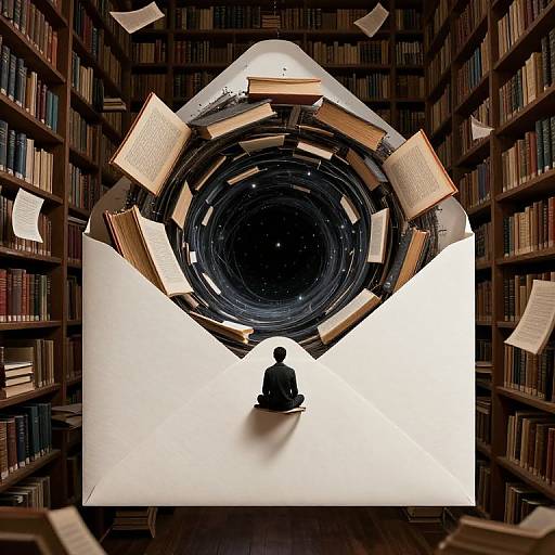 Photograph of a silhouette figure sitting at the bottom of a white, circular vortex with books and pages floating, surrounded by dark wooden bookshelves.