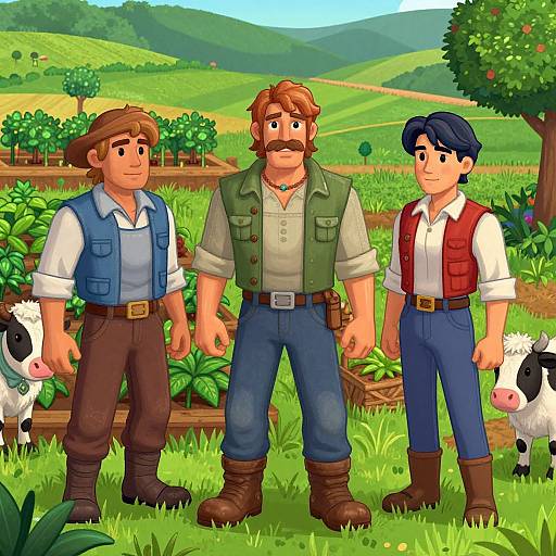 Digital illustration of three cartoon farmers with mustaches, wearing vests, standing in a vibrant, green countryside with hills, trees, and two cows.