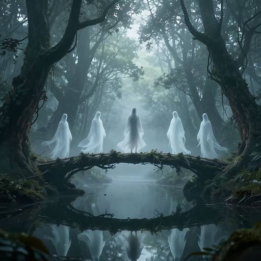 Mysterious forest scene: ethereal white-robed figures surround a central figure on a misty, reflective bridge, surrounded by dark, towering trees.