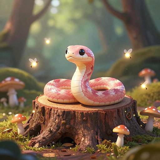 Digital illustration of a pink and white snake with large, expressive eyes coiled on a tree stump in a magical forest, surrounded by glowing fireflies and
