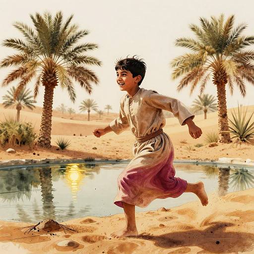 Photograph of a smiling young boy with dark hair, wearing a white and pink traditional outfit, running barefoot through a desert oasis with palm trees and