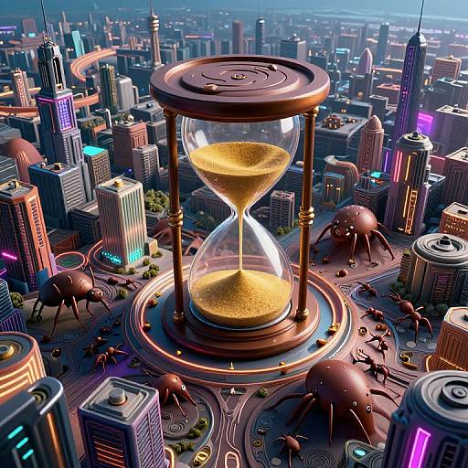 Digital artwork: Giant hourglass with golden sand towering over a vibrant, futuristic cityscape with glowing skyscrapers and surreal, robot-like structures.