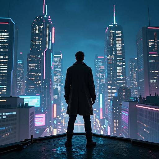 Silhouetted figure in long coat stands on rooftop, facing neon-lit futuristic city skyline with glowing skyscrapers at night. Digital art.