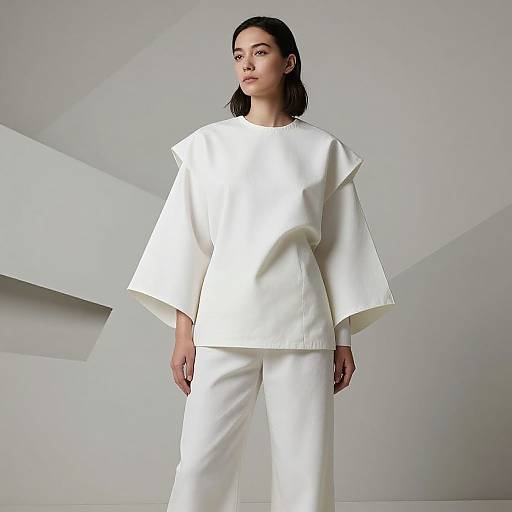 Photograph of an Asian woman with straight black hair, wearing a white oversized blouse and matching white pants, standing against a minimalist gray geometric background.