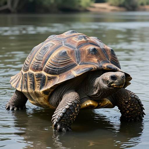 Photograph of a large, detailed tortoise with a brown and yellow patterned shell, dark scaly legs, and yellow beak, wading