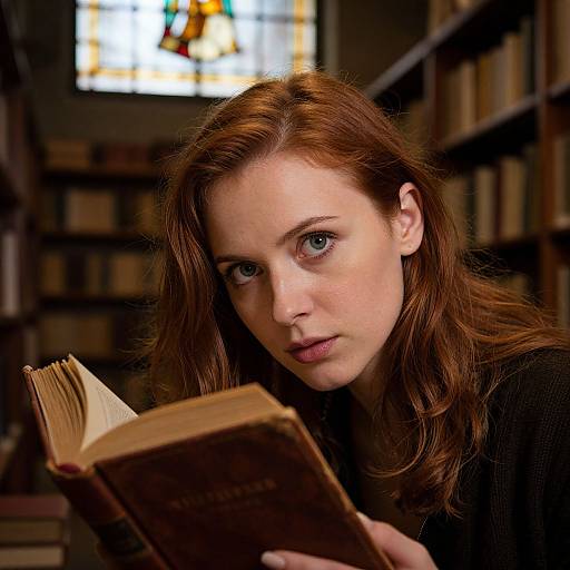 Photograph of a young woman with fair skin and red hair, intently reading a book in a dimly lit library. Background features bookshelves