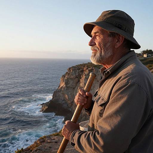 Photograph of an elderly white man with a gray beard, wearing a green hat and jacket, holding a wooden cane, looking at a coastal sunset with