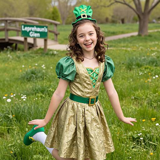 Photograph of a smiling young girl in a green and gold Leprechaun costume, with curly brown hair, standing in a grassy park with