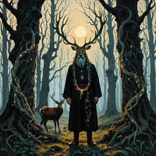 Enigmatic Forest Druid with Stag in Twilight Woodland