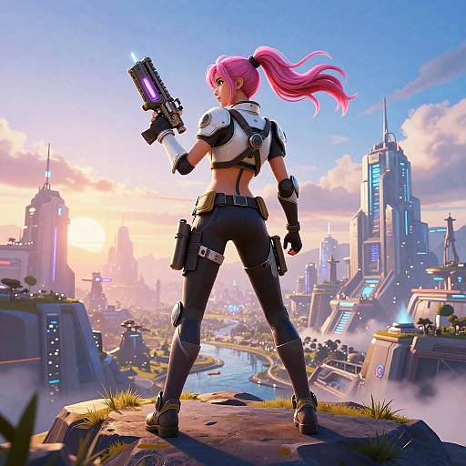 Digital art of a pink-haired woman in a futuristic city, standing on a rock, holding a glowing gun, wearing black tactical gear, with sunset over